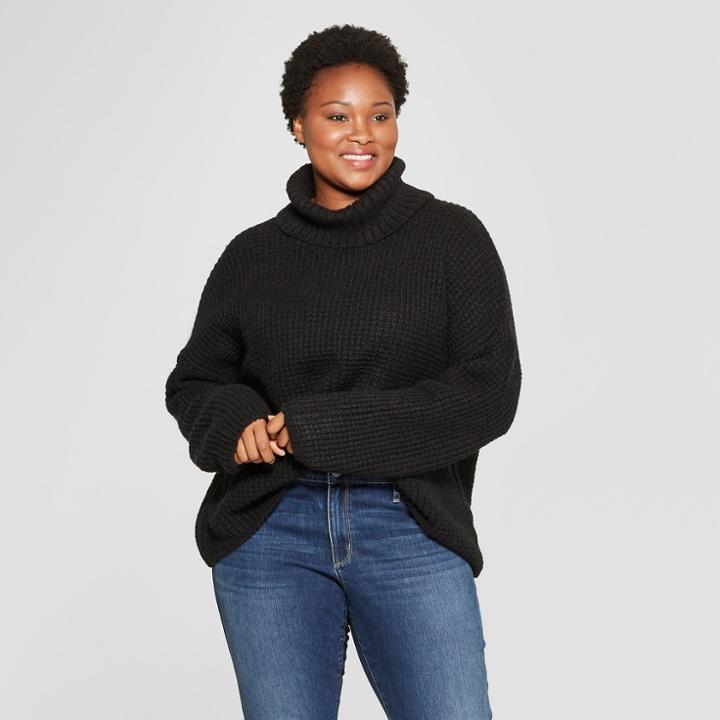 Women's Plus Size Long Sleeve Waffle Stitch Turtleneck - Universal Thread Black