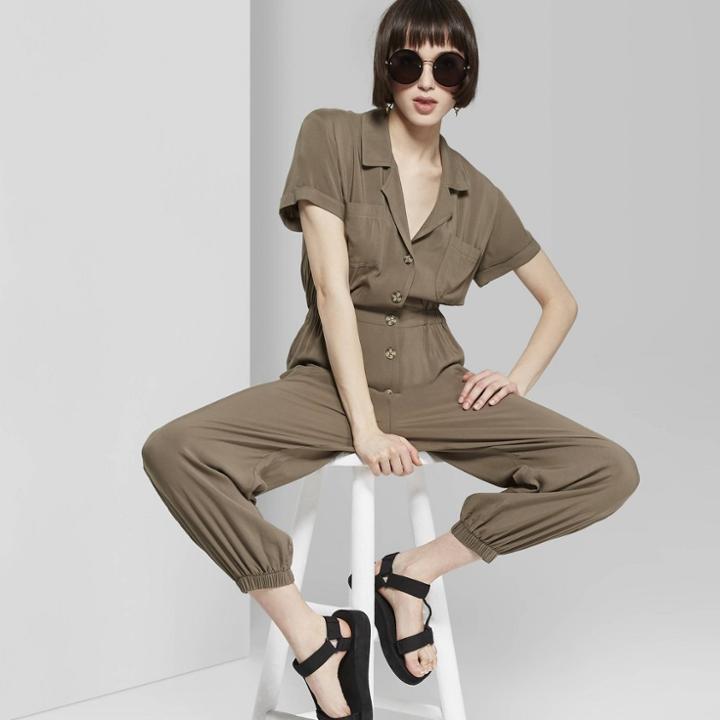 Women's Short Sleeve Collared Button-front Romper - Wild Fable Olive