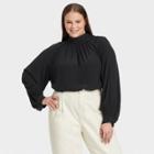 Women's Plus Size Bishop Long Sleeve Button Shoulder Blouse - Who What Wear Black