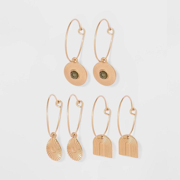 Geometric Semi-precious With Labradorite Charm Hoop Earring Set 3pc - Universal Thread Worn Gold