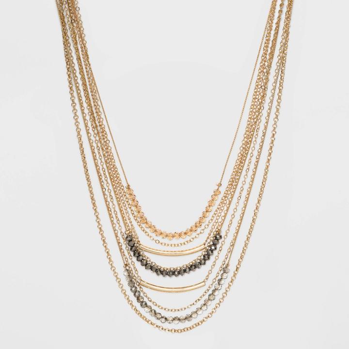 Short Multi Layered Peach, Gray, And Hematite Glass Beads Statement Necklace - A New Day Gold