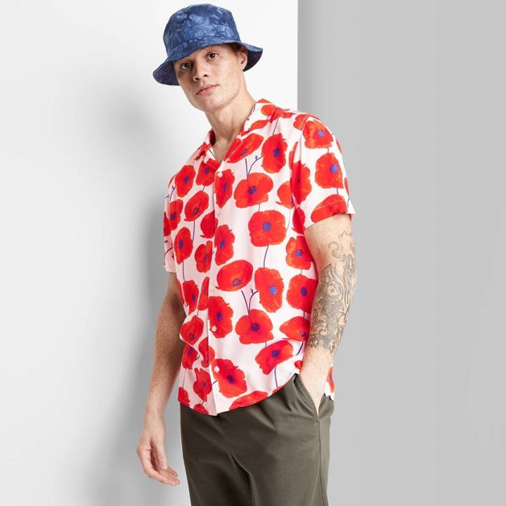 Adult Floral Print Casual Fit Short Sleeve Button-down Shirt - Original Use White/floral