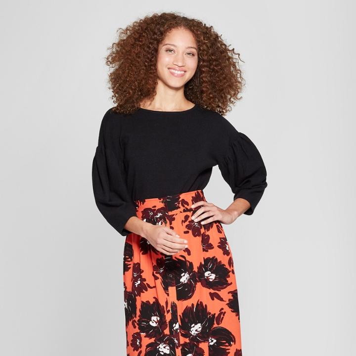 Women's Blouson Sleeve Pullover Sweater - A New Day Black