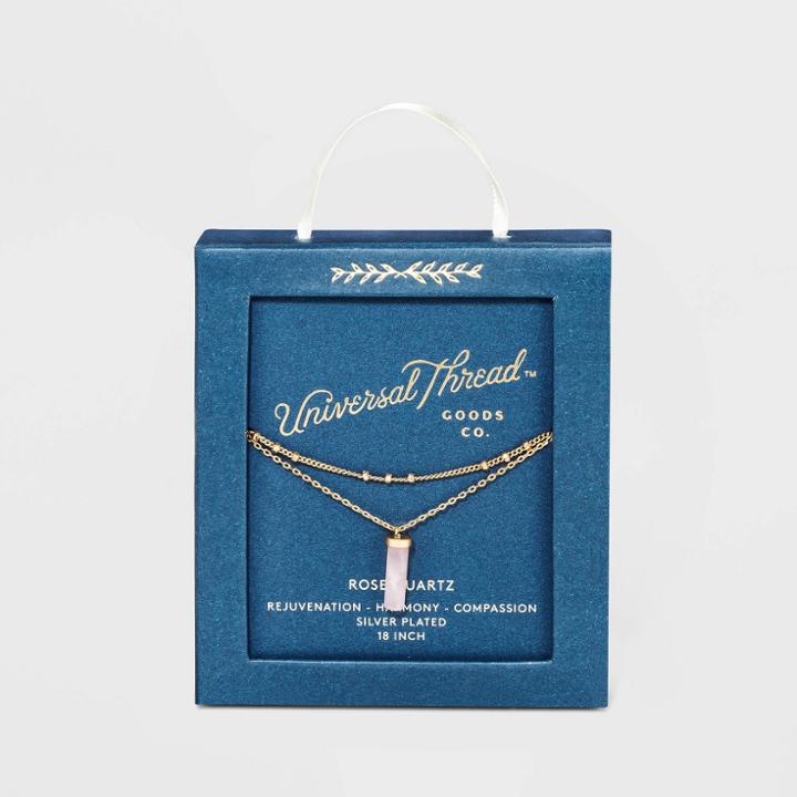 Worn Gold Finish Rose Quartz Healing Stone And Beaded Extender Duo Chain Pendant Necklace - Universal Thread Light Pink, Women's