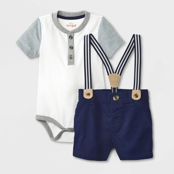 Baby Boys' Chambray Henley Suspender Set - Cat & Jack Cream Newborn, Ivory