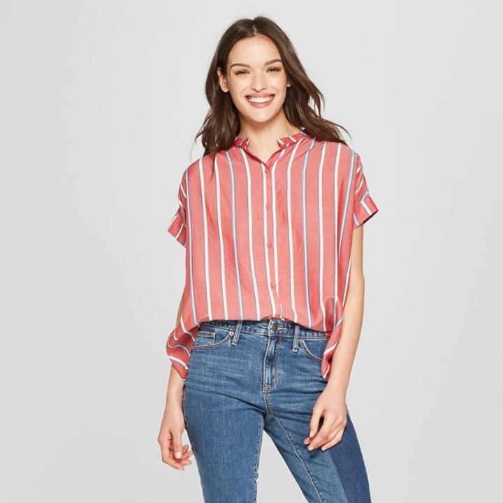 Women's Striped Short Sleeve Woven Top - Universal Thread Red