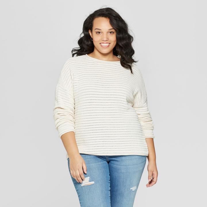 Women's Plus Size Long Sleeve Crew Neck Pullover Sweater - Universal Thread Cream (ivory)