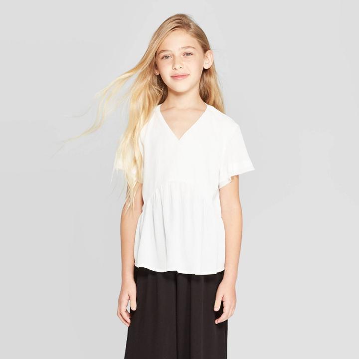 Girls' Short Sleeve Woven Top - Art Class White