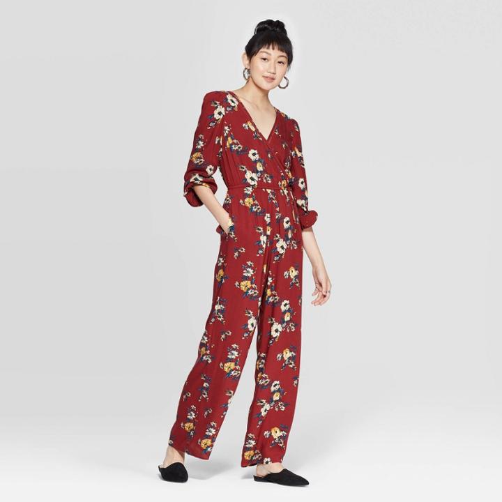 Women's Floral Print Long Sleeve Deep V-neck Wrap Jumpsuit - Xhilaration Burgundy Xs, Women's, Purple