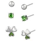 Target Women's Studs Earrings Sterling Silver Three Pairs Ball Stud & Shamrock With Crystals-silver/green