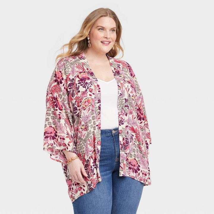 Women's Plus Size Duster Cardigan - Knox Rose Feather White X-1x