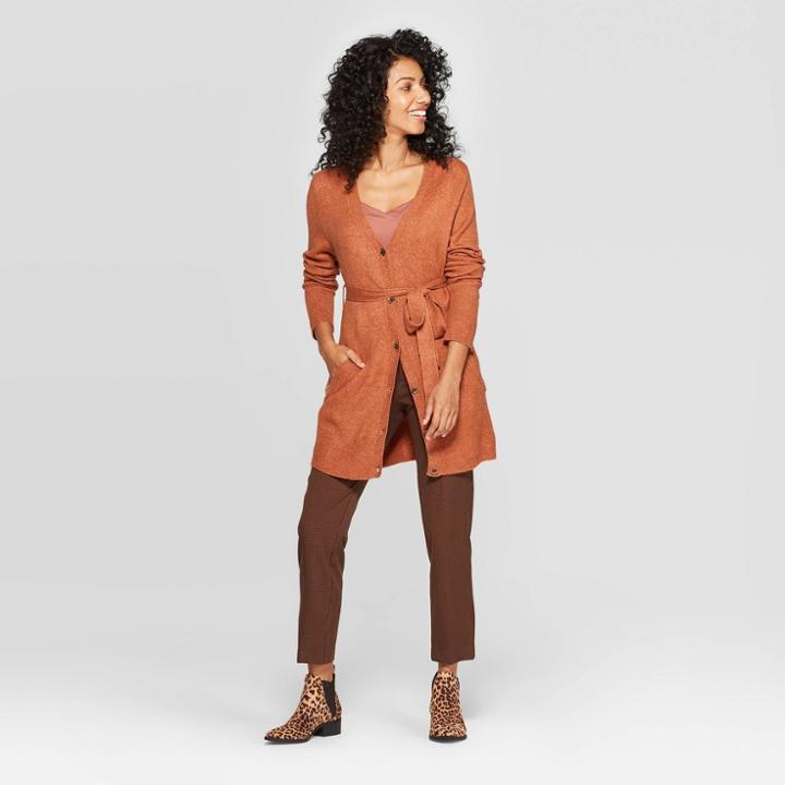 Women's Belted Button-front Cardigan Sweater - A New Day Rust L, Size: