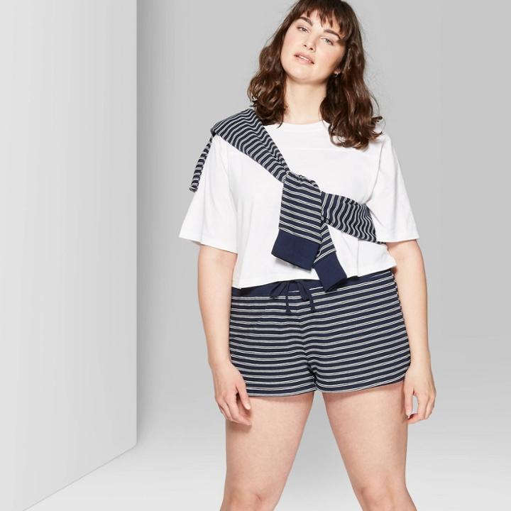 Women's Plus Size Striped High-rise Leisure Terry Shorts - Wild Fable Blue