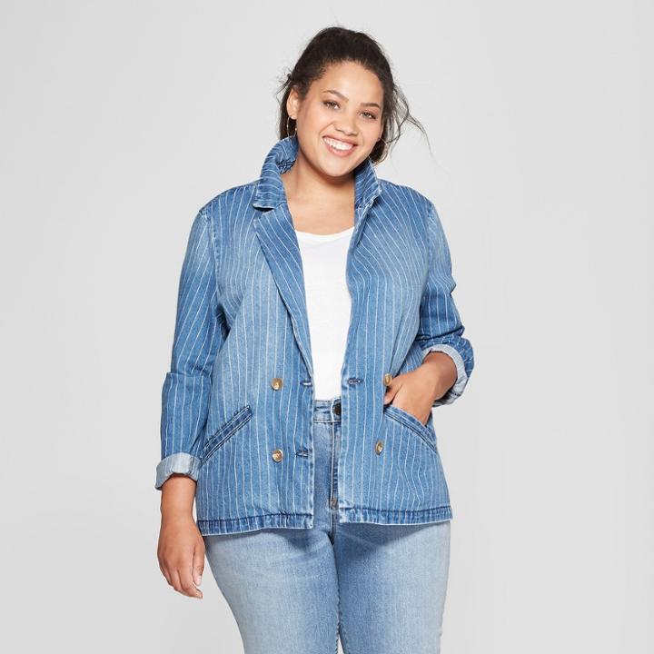Women's Plus Size Striped Denim Blazer - Universal Thread Medium Wash