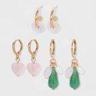 Semi-precious Faux Pearl Drop Stone Hoop Earring Set 3pc - A New Day Green