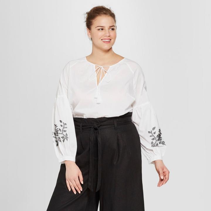 Women's Plus Size Long Sleeve Embroidered Blouse - Who What Wear White X