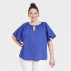 Women's Plus Size Flounce Short Sleeve V-neck Popover Top - A New Day Blue