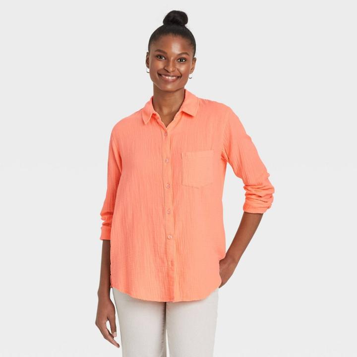 Women's Long Sleeve Gauze Button-down Shirt - Universal Thread Moxie Peach