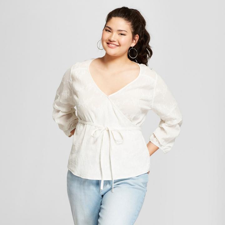 Women's Plus Size Long Sleeve Eyelet Wrap Top - Xhilaration Ivory