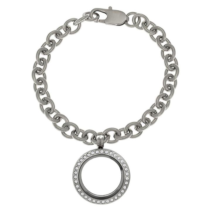 Women's Treasure Lockets Stainless Steel Rolo Bracelet With Round Clear Crystal Locket -
