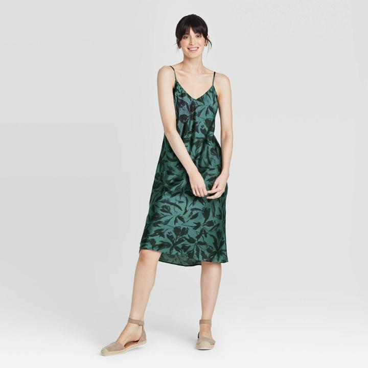 Women's Floral Print Satin Slip Dress - A New Day Green