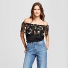 Women's Floral Print Short Sleeve Off The Shoulder Embroidered Swing Top - Alison Andrews Black
