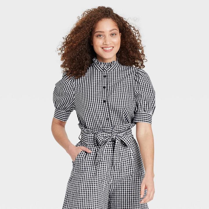 Women's Floral Print Puff Elbow Sleeve Ruffle Detail Top - Who What Wear Black/white