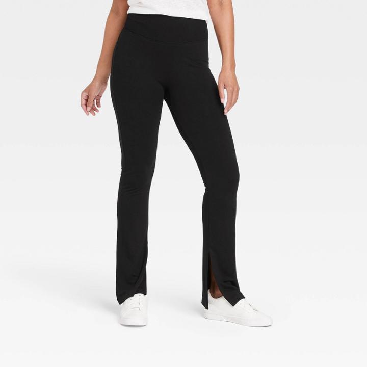 Women's High Waisted Split Hem Flare Leggings With Ribbed Waistband - A New Day Black