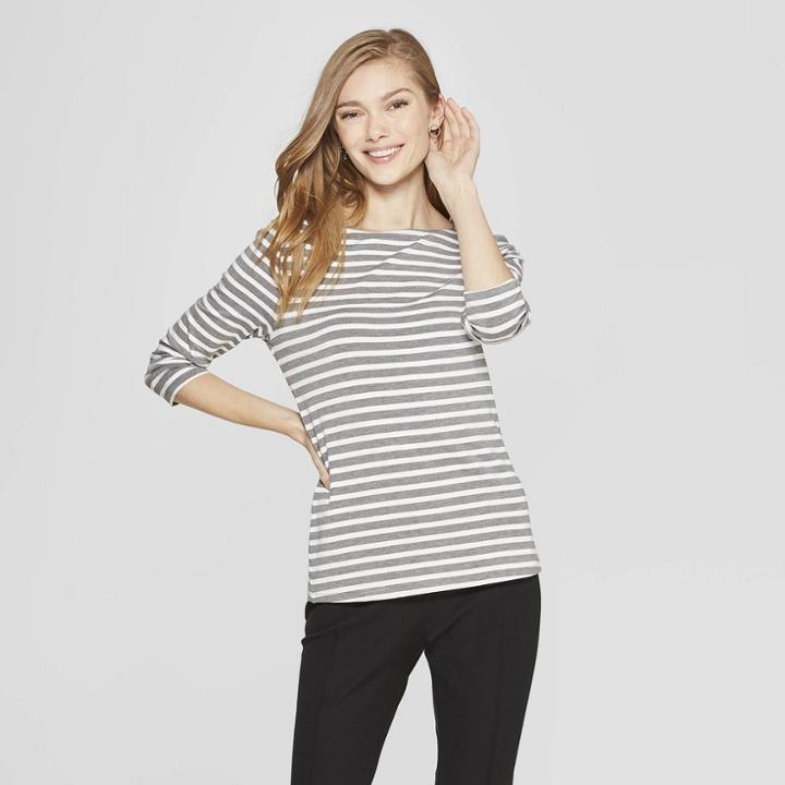 Women's Striped 3/4 Sleeve Clean Boatneck T-shirt - A New Day Heather Gray/white
