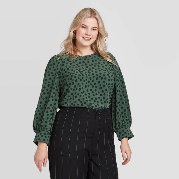 Women's Plus Size Leopard Print Balloon Long Sleeve Boat Neck Blouse - Who What Wear Green 1x, Women's,