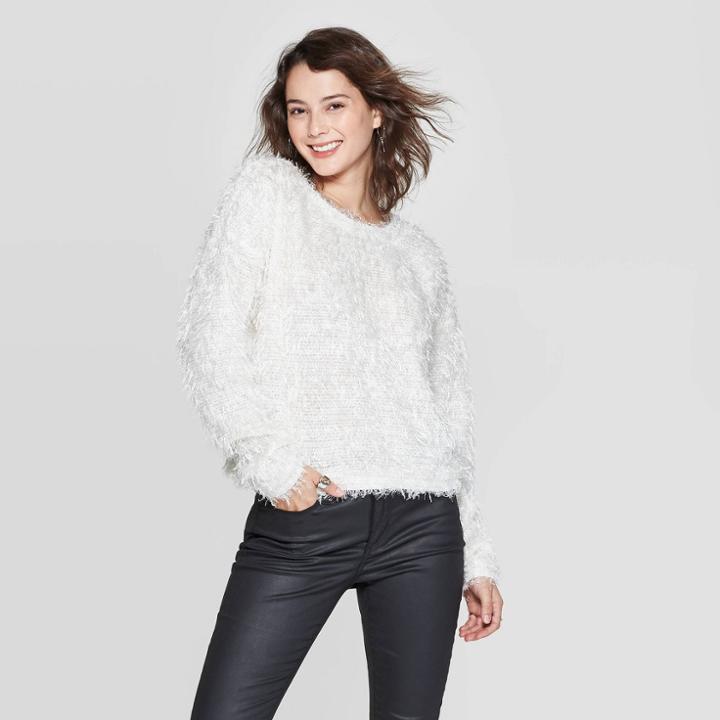 Women's Long Sleeve Crewneck Twist Back Sparkle Eyelash Pullover Sweater - Xhilaration Ivory Xs, Women's, White