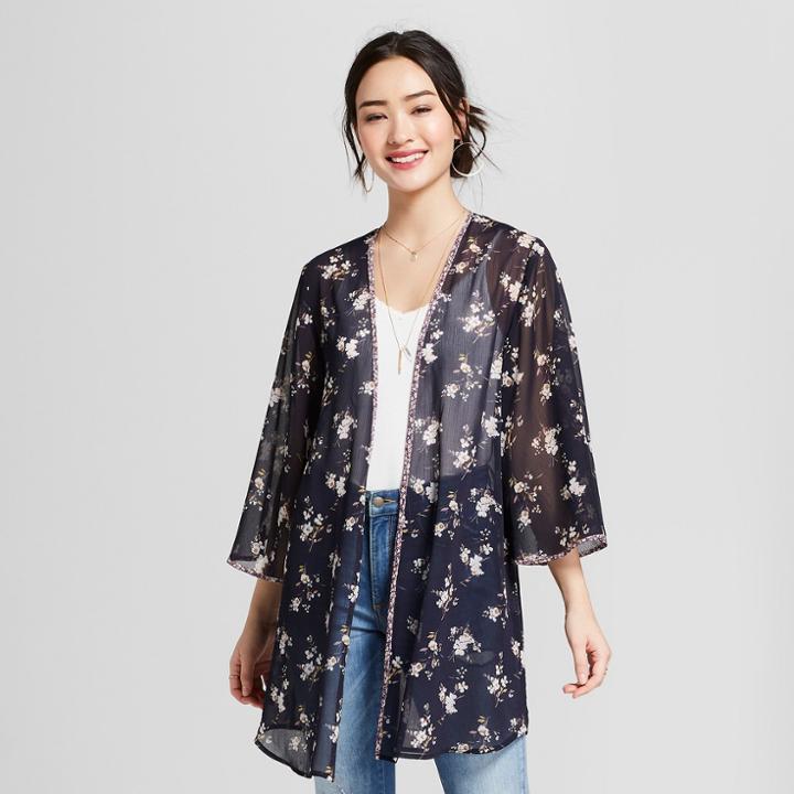 Women's Kimono With Contrasting Hem - Xhilaration Navy/ Salmon Floral