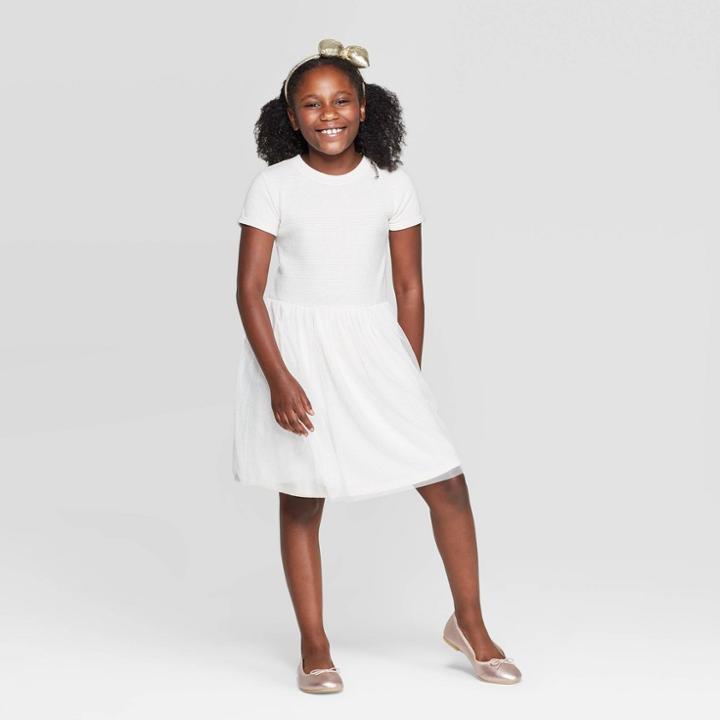Petitegirls' Short Sleeve Cozy Dress - Cat & Jack Heather Gray L, Girl's, Size: Large, Brown Ivory