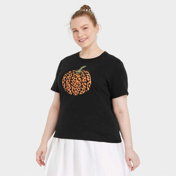 Mighty Fine Women's Plus Size Halloween Pumpkin Leopard Print Logo Short Sleeve Graphic T-shirt - Black