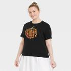 Mighty Fine Women's Plus Size Halloween Pumpkin Leopard Print Logo Short Sleeve Graphic T-shirt - Black