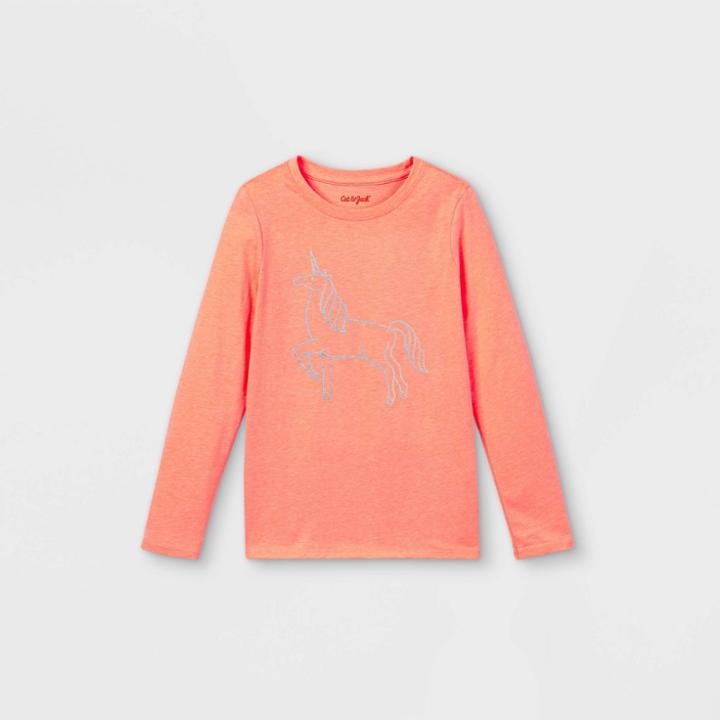 Girls' Unicorn Graphic Long Sleeve T-shirt - Cat & Jack Neon Peach