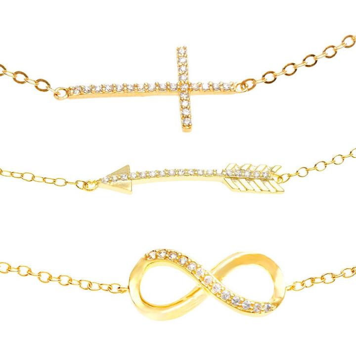 Target Round-cut Cubic Zirconia Gold Plated Bracelet Set With Cross, Arrow & Infinity (7.25), Women's