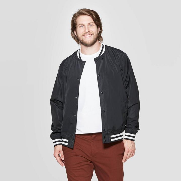 Men's Big & Tall Long Sleeve Solid Color Varsity Bomber Jacket - Goodfellow & Co Black