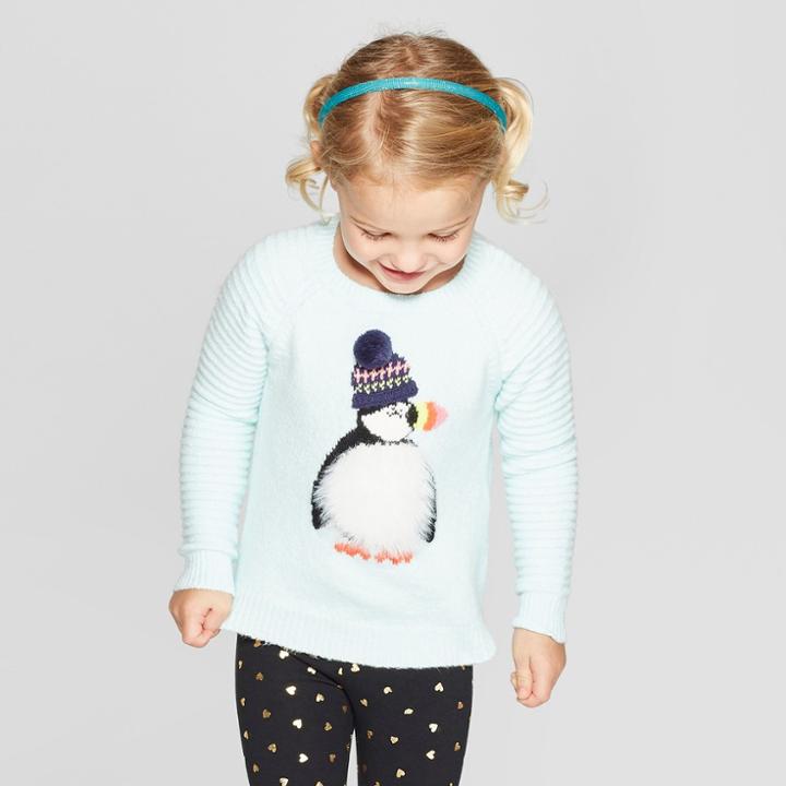Toddler Girls' Penguin Pullover Sweater - Cat & Jack Aqua