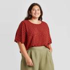 Women's Plus Size Polka Dot Short Sleeve Round Neck Woven T-shirt - A New Day Red
