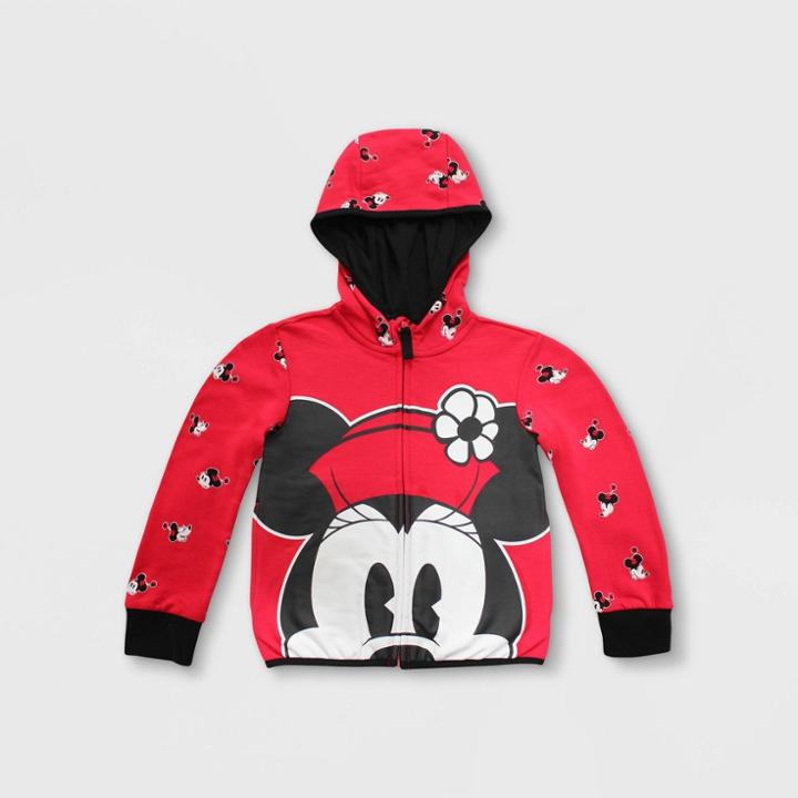 Girls' Disney Minnie Mouse Zip-up Hooded Sweatshirt - Red 3 - Disney
