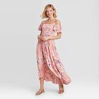 Women's Floral Print Short Sleeve Smocked Top Button-front Dress - Xhilaration Pink