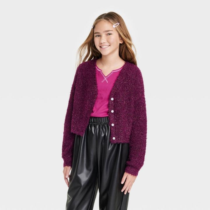 Girls' Eyelash Cardigan Sweater - Art Class Purple