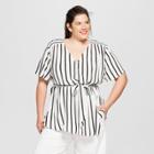 Women's Plus Size Striped Smocked Shoulder Short Sleeve Wrap Top - Ava & Viv Black/white X