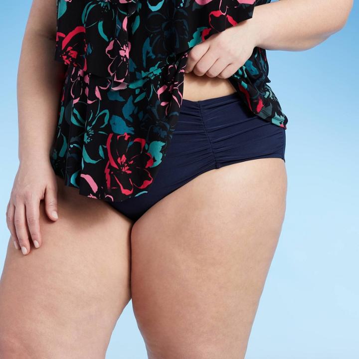 Women's Plus Size Shirred Swim Briefs - Aqua Green Navy Blue X