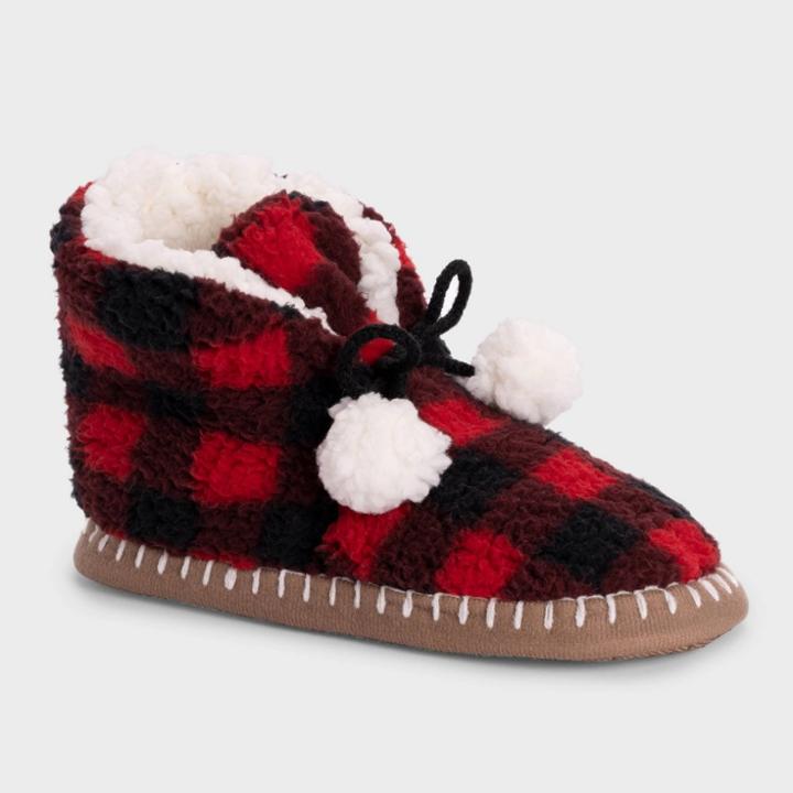Muk Luks Women's Buffalo Check Family Sherpa Booties - Red/black