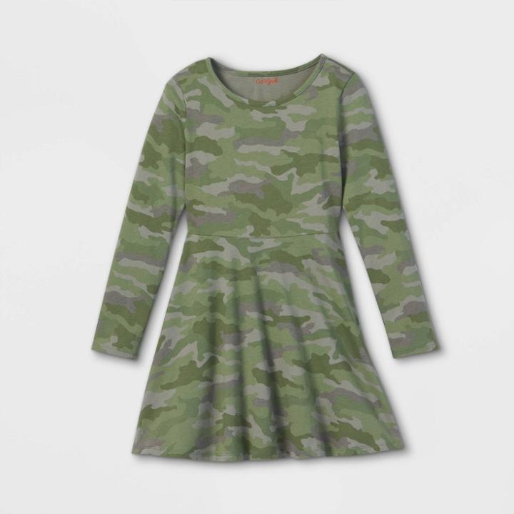 Girls' Camo Printed Long Sleeve Knit Dress - Cat & Jack Olive