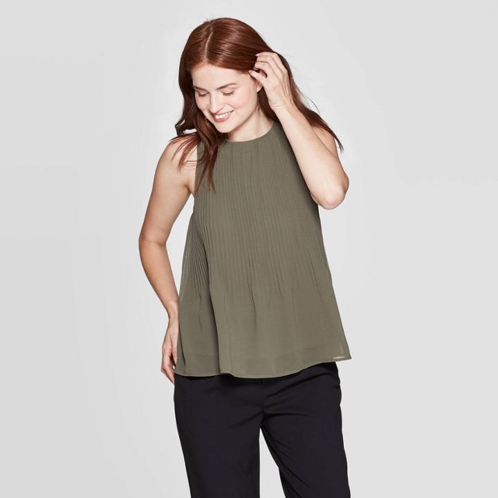 Women's Regular Fit Crewneck Chiffon Tank Top - A New Day Olive (green)