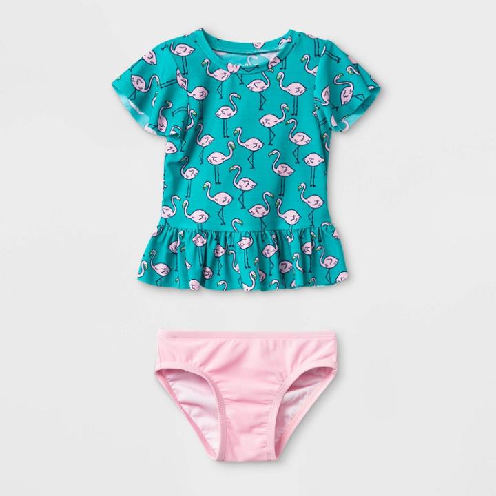 Baby Girls' Short Sleeve Flamingo Rash Guard Set - Cat & Jack Aqua