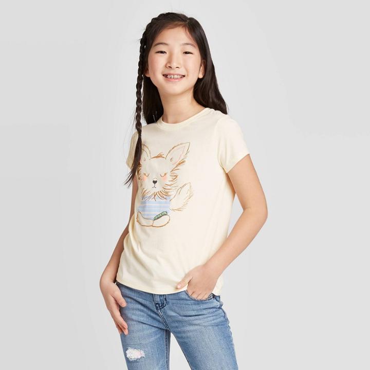 Petitegirls' Short Sleeve Dog Print T-shirt - Cat & Jack Cream Xs, Girl's, Beige